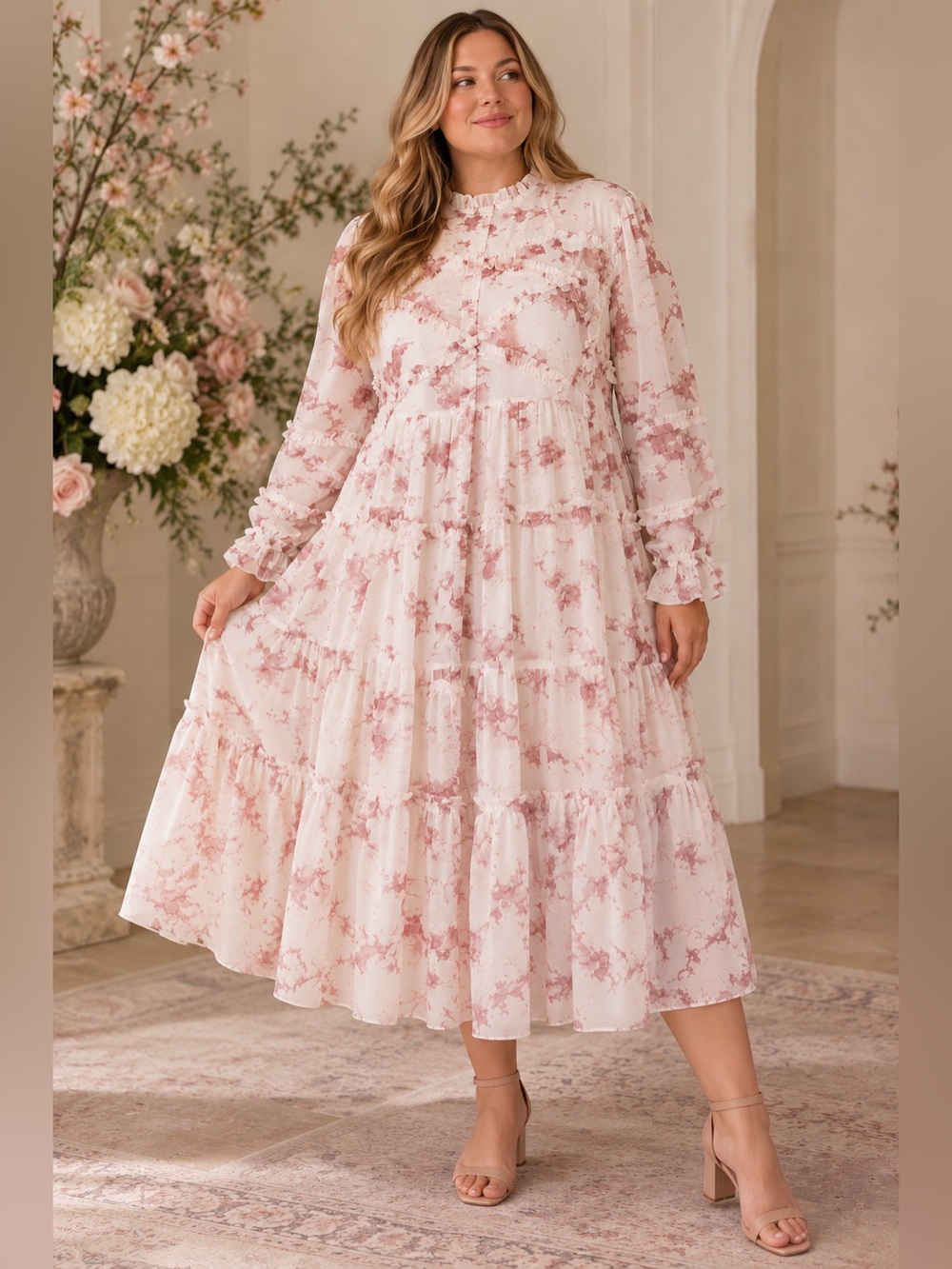 NWT JessaKae Cream Mauve Floral Chiffon Ruffle Tiered Midi Dress Sz 4X